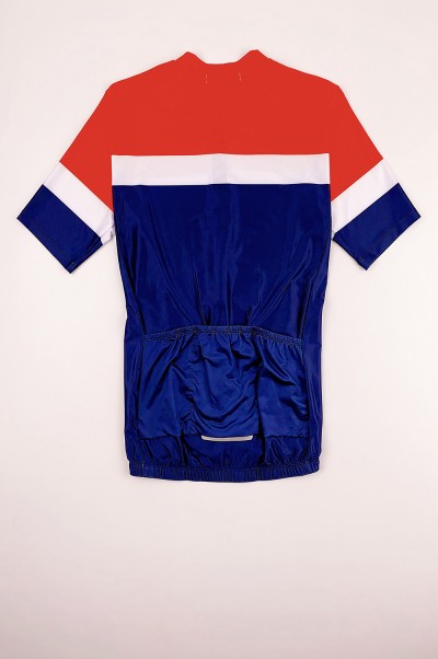 A large number of custom-made competitive cycling clothes design short-sleeved contrast color mountain bike shirts high-bright reflective strip cycling shirts on the back SKCSCP019 front view